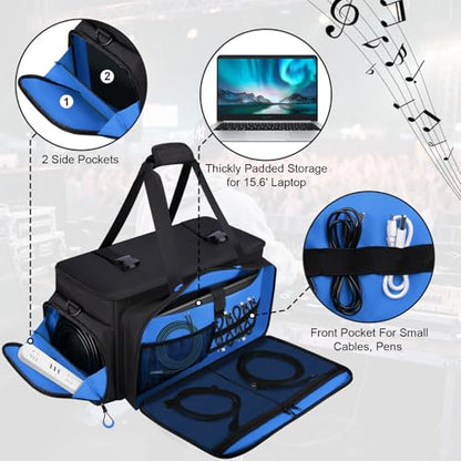 Large Dj Cable Bag with Laptop and Microphone Pocket, Dj Bag for Equipment and Music Accessories with Detachable Dividers, Bottom Pad, Dj Gig Bags for Musicians, Professional, Travel, Blue - color: Blue, style: Dj Cable Bag