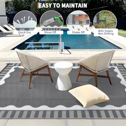 Garvee Large Scalloped Outdoor Rug 9x12 Patio Rugs Outdoor Waterproof, Reversible Plastic Straw Camping Rug, Modern Bordered Outside Mats for Picnic Backyard Deck Balcony Beach Trailer, Grey - color: Bordered|grey, size: 9' x 12' (Rectangular)