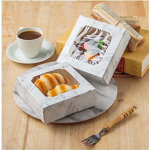 20 Pack Bakery Boxes with Window Small 6x6x2 inch for Cookie, Candy, Pastry, Brownie, Chiffon Cake, Tart, Pie, Waffle (White Marble) - color: White Marble