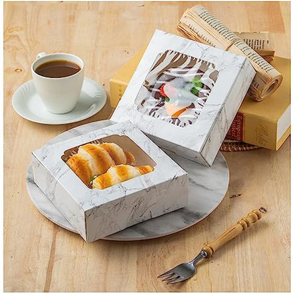 20 Pack Bakery Boxes with Window Small 6x6x2 inch for Cookie, Candy, Pastry, Brownie, Chiffon Cake, Tart, Pie, Waffle (White Marble) - color: White Marble
