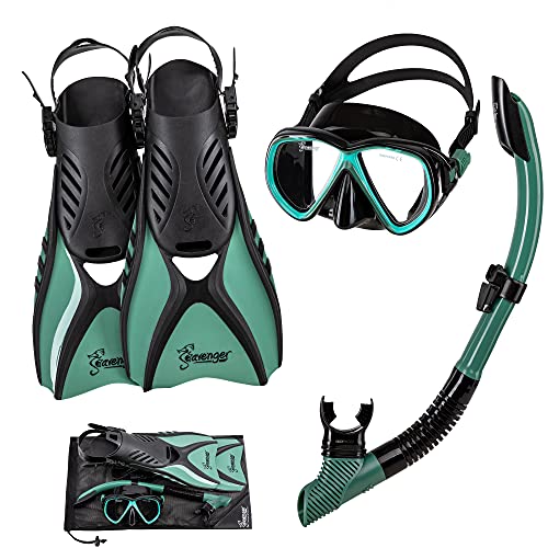 Seavenger Hanalei Anti-Fog 4-Piece Snorkeling Set with Soft-Flex Dry Snorkel, Adjustable Open-Heel Fins, Twin-Lens Mask, and Mesh Bag - color: Seafoam Green, size: Small