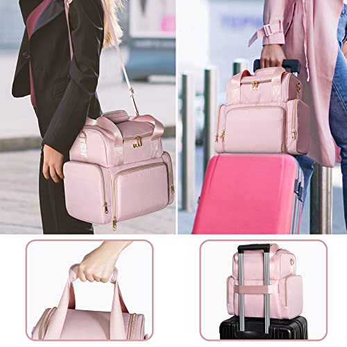 Large Makeup Cosmetic Bag with 3 Removable Case, Double Layer Travel Makeup Organizer Case with Inner Dividers and Makeup Brushes Storage Section, Pink (Patented Design) - color: Pink