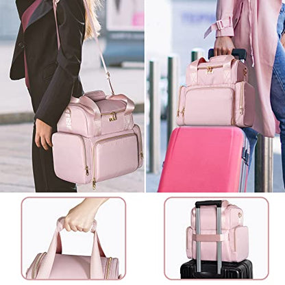Large Makeup Cosmetic Bag with 3 Removable Case, Double Layer Travel Makeup Organizer Case with Inner Dividers and Makeup Brushes Storage Section, Pink (Patented Design) - color: Pink