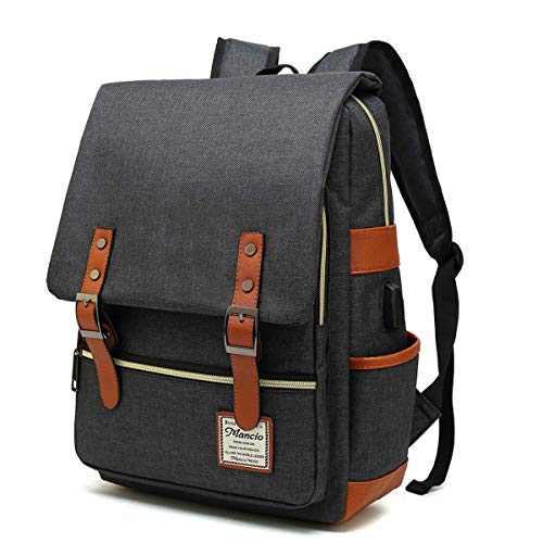 Mancio Vintage Laptop Backpack with USB Charging Port, Slim Tear Resistant Business Backpack for Travelling, College, Daypacks for Men,Women, Fits up to 15.6Inch Notebook in Black - color: Black