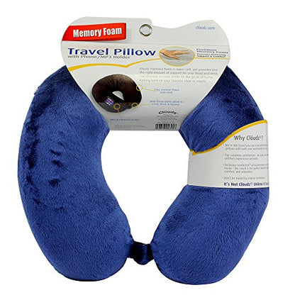 Cloudz Memory Foam Travel Neck Pillow with Snap & Pocket - Blue
