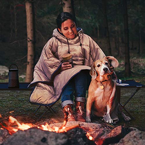 Camp Poncho Sleeping Bag Wearable Hooded Blanket - Envelope Lightweight Thermal Cloak Cape Windproof with Premium Stuff Compression Sack for Backpacking Hiking Hunting Fishing Outdoor Sport - color: Blue