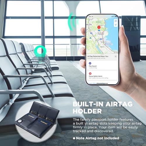 VULKIT Family Passport Holder for 4 Leather Passport Wallet with Airtag Slot Multiple Passport Holder RFID Blocking Bifold Travel Documents Organizer - color: Navy