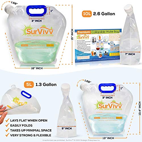 Premium Collapsible Water Container Bag, No-Leak, Freezable, Odorless, Flat Folding, BPA Free Food Grade Clear Plastic Storage bottle for Sports Outdoors Camping Hiking Backpack 1.3/2.6 Gallon