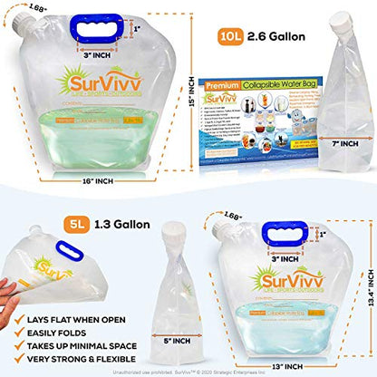 Premium Collapsible Water Container Bag, No-Leak, Freezable, Odorless, Flat Folding, BPA Free Food Grade Clear Plastic Storage bottle for Sports Outdoors Camping Hiking Backpack 1.3/2.6 Gallon