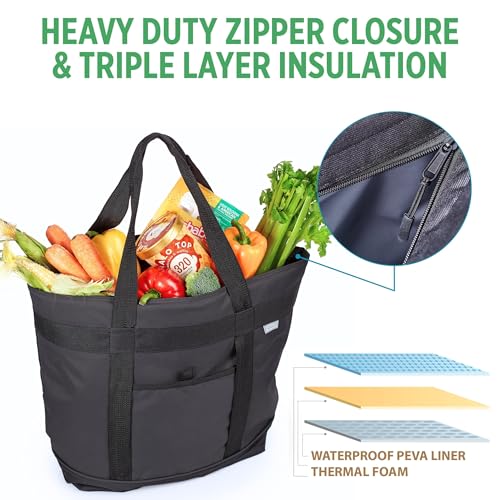 Jumbo Insulated Cooler Bag (Black) with HD Thermal Insulation - Premium, Collapsible Soft Cooler Makes a Perfect Insulated Grocery Bag, Food Delivery Bag, Travel Bag, Beach or Picnic Bags - color: Black