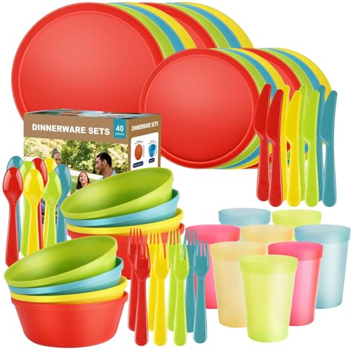 40 Piece Plastic Dinnerware Set for 8 with Cutlery, Unbreakable Plates and Bowls Set, Dishwasher & Microwave Safe Reusable Dish Set for Camping, RV, Outdoor Kitchen, Apartment Dining,Rainbow Multicol - color: Tropical