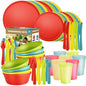 40 Piece Plastic Dinnerware Set for 8 with Cutlery, Unbreakable Plates and Bowls Set, Dishwasher & Microwave Safe Reusable Dish Set for Camping, RV, Outdoor Kitchen, Apartment Dining,Rainbow Multicol - color: Tropical