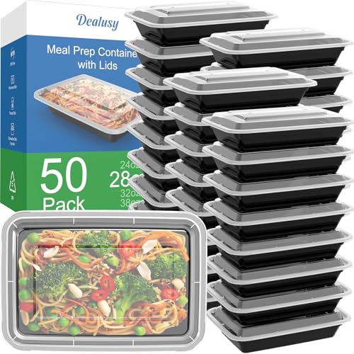 Dealusy 50 Pack (100-Piece) 28 oz Meal Prep Containers Reusable with Lids, Sturdy Leakproof & Food Safe, Microwave, Freezer, Dishwasher Safe Prep Containers, To Go Take Out Plastic Food Storage - size: 28 oz