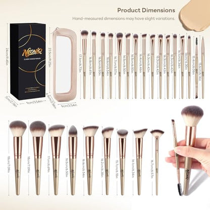 25PCS Makeup Brushes Set with Travel Case, Professional Makeup Brush Kit for Foundation, Concealer, Powder, Eyeshadow & Blush, Essential Cosmetic Tools, Portable Travel Gift Set (Gold) - color: 25 PCS-Champagne Gold