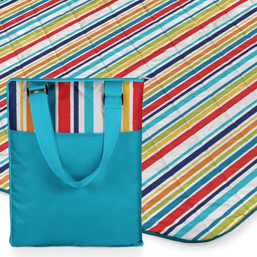 ONIVA - a Picnic Time brand - Vista Outdoor Picnic Blanket & Tote - Beach Blanket - Camping Blanket, (Fun Stripe Pattern with Aqua Blue Exterior), 16 x 11 x 3 - color: Aqua Blue/Fun Stripes
