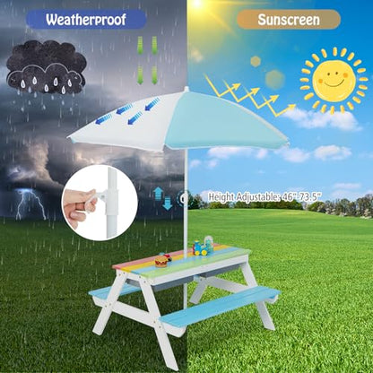 HONEY JOY Kids Picnic Table, 4 in 1 Cedar Wooden Sand & Water Table w/ 2 Removable Box & Umbrella, Kids Picnic Tables for Outdoors Backyard Garden, Toddler Patio Furniture Set for Boys Girls(Blue) - color: Blue
