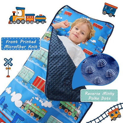 Lasoftan Toddler Nap Mat with Pillow and Blanket, Extra Large Rolled Napping Mats,Slumber Bags for Boys Girls,Kids Sleeping Bag for Daycare, Preschool Travel Camping - color: Blue Train