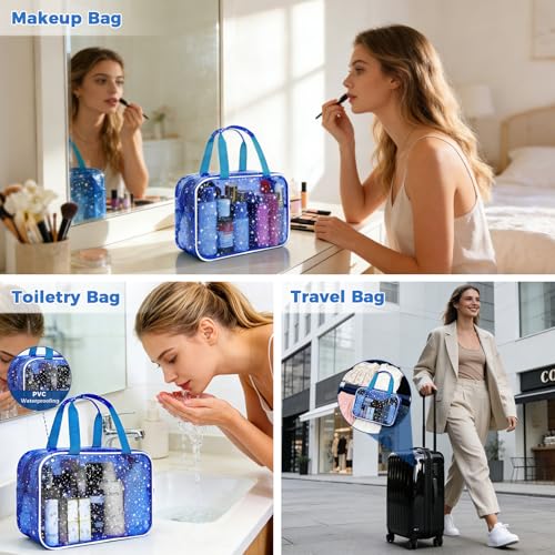 Clear Deep Blue Star Large Makeup Bag with Star Pattern (12x5x8 inches), Travel Cosmetic Bag with Handle, Durable PVC Material, Zipper Opening Design—Ideal for Makeup Travel Organization or Gym Use - color: Deep Blue, style: Star