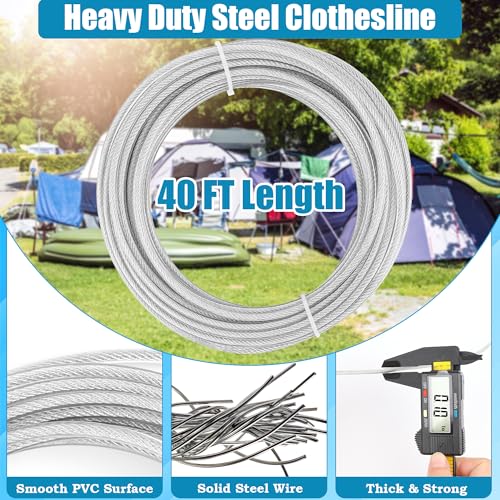 20FT/ 40FT Retractable Travel Clothesline, Adjustable Outdoor Clothesline Drying Clothes Line Laundry for Travel Camping, with Ratchet Pulley/ 2 Screws/ 2 Buckles (Black+Silver, 472, Inches)