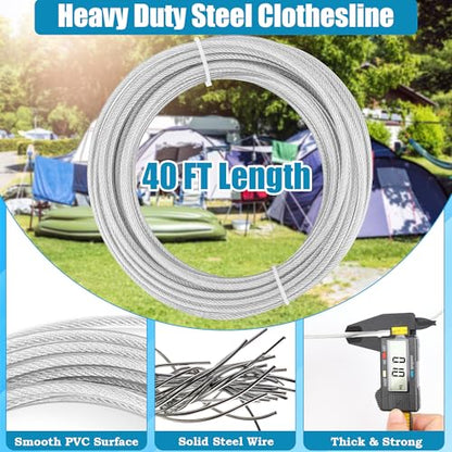 20FT/ 40FT Retractable Travel Clothesline, Adjustable Outdoor Clothesline Drying Clothes Line Laundry for Travel Camping, with Ratchet Pulley/ 2 Screws/ 2 Buckles (Black+Silver, 472, Inches)