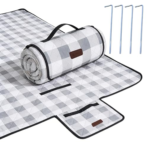 HX&OD Outdoor Picnic Blanket, Extra Large, 80''x80'' Waterproof Foldable Blankets Gingham Picnic Mat for Beach, Camping Grass Lawn Park Accessories Cute Couple Ideas Wedding (Gray, 80”x80”) - color: Grey, size: 6'8" x 6'8" (Square)