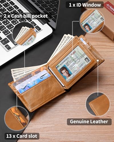 Artpaxy Mens Wallet Genuine Leather Bifold RFID Blocking Wallet for Men with 1 ID Window 13 Card Holders 2 cash pockets 1 Gift Box (Light Brown) - color: Light Brown