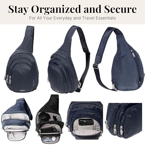 Baggallini Securtex® Anti-Theft Multi Zip Sling - Lightweight 8.6"x15.2" Travel Bag with Locking Zippers & RFID Protection - color: French Navy