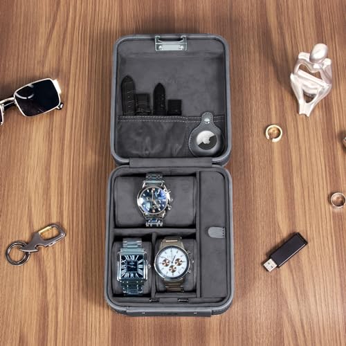 KAMIER Watch Case with Combination Lock - 4 Watch Storage and Jewelry Organizer - Watch Travel Case for Ring and Watch Storage, PU Leather Travel Watch Case, Ideal for Gift (With Gift Box), Grey - color: Grey