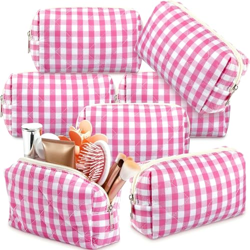 Paterr 6 Pcs Quilted Makeup Bag Bulk Floral Bow Cotton Cosmetic Bag Women Girls Gifts for Bridesmaids Wedding Birthday Coquette Aesthetic Cottagecore Travel Toiletry Pouch(Plaid,Pink) - color: Pink, style: Plaid