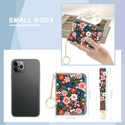 Aiawoxc Credit Card Holder, Small RFID Wallet Slim Leather Card Organizer Case with Zipper and Wristlet Strap, Cute Flowers - color: B-Cute Flowers, size: Wrist Strap