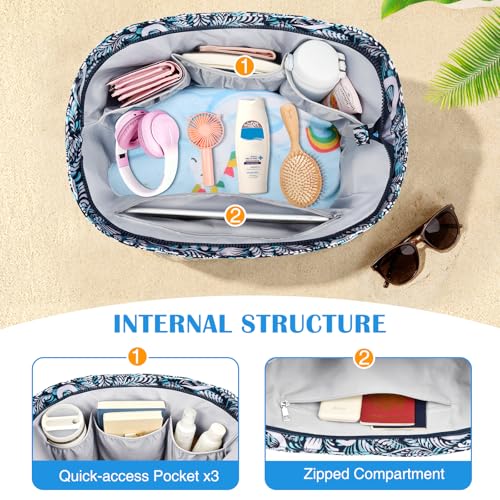 HUANLANG Large Beach Bags for Women Pool Bag with Zipper, Waterproof Sandproof Beach Tote Travel Bag with Wet Pocket - color: Blue Floral