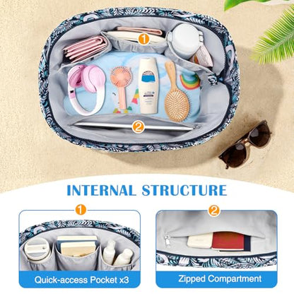 HUANLANG Large Beach Bags for Women Pool Bag with Zipper, Waterproof Sandproof Beach Tote Travel Bag with Wet Pocket - color: Blue Floral