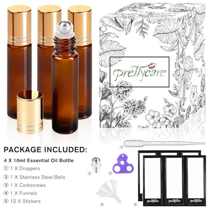 PrettyCare 4 Pack Amber Glass Oil Roller Bottles for Essential Oils 10ml, Roll On Bottles with Stainless Steel Roller Ball Leak-Proof Perfume Travel Refillable Bottle Empty, Beauty & Personal Care - color: Amber with Golden Cap, size: 4 Pack