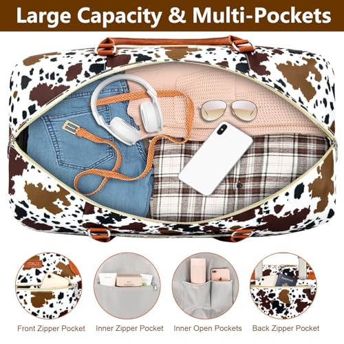 ITIEZY Weekender Overnight Bag for Women - Large Travel Duffel Bag with Shoe Compartment, Gym Duffel Bag Hospital Bag Carry On Tote Bags for Airplanes with Crossbody Bag Toiletry Bag 3Pcs Set - color: 5-Brown Cow