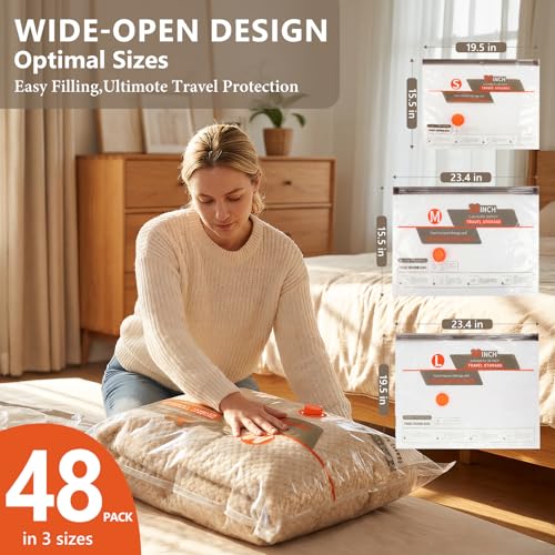 NESCCI Vacuum Bags for Travel with Rechargeable Air Pump,Carry-on Size Compression Packing Bags for Luggage and Suitcase,Space Saver for Clothes 48 Pcs Combo Travel Size - size: 48 Combo Size.(Orange)