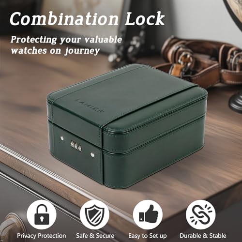 KAMIER Watch Case with Combination Lock - 4 Watch Storage and Jewelry Organizer - Watch Travel Case for Ring and Watch Storage, PU Leather Travel Watch Case, Ideal for Gift (With Gift Box), Green - color: Green