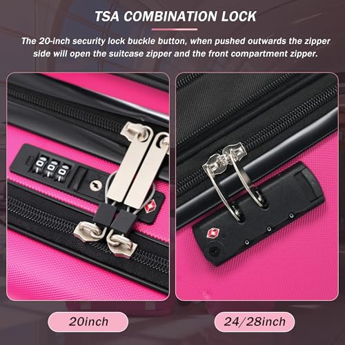 Merax Luggage Sets 5 Piece, Hardside 20" Half-opening Carry On Suitcase Set with USB Port,Lightweight Travel 24" 28" Luggage with Bags TSA Locks Double Spinner Wheels,Pink - color: Pink, size: 3 piece(20front open+24+28+bags)