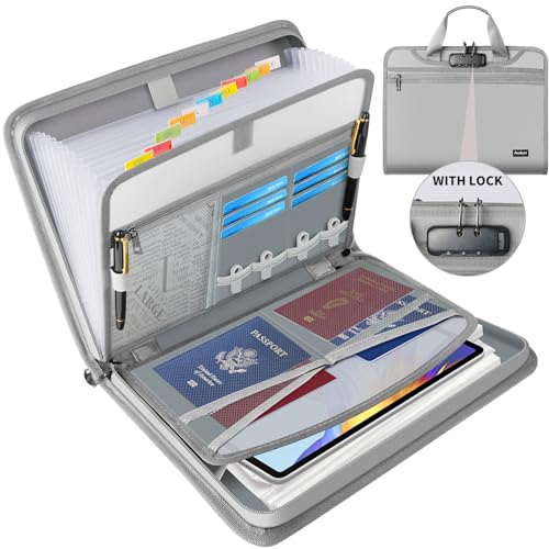 Andyer Accordion File Organizer with Lock, Fireproof Expanding File Folder with Tabs, 13 Pockets Important Document Organizer with Handle, Portable Paperwork Business Organizer, Letter/A4-Size (Gray) - color: Gray