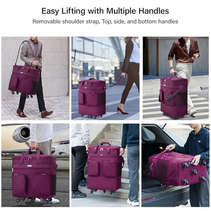 Hanke Expandable Large Suitcase 4 Wheels Lightweight Collapsible,Foldable Suitcases &Travel Bags Hand Luggage Extend 20/24/28 inch Suitcases Duffel Bag Without Telescopic Handle for Men & Women - color: Purple Upgrade Version 2
