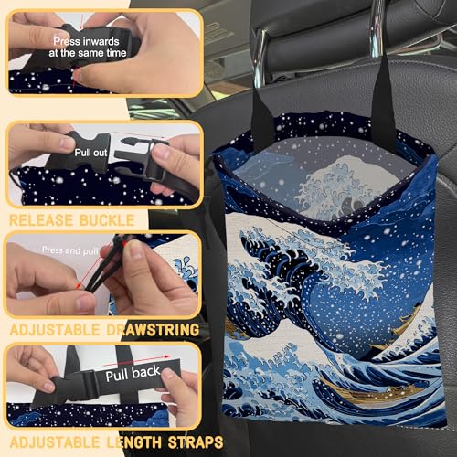 Great Sea Wave Car Garbage Bag, Small Car Trash Bag Hanging Back of Seat,Drawstring Car Trash Bag with Adjustable Buckle,Car Accessories for Camping Travelling - color: Great Sea Wave