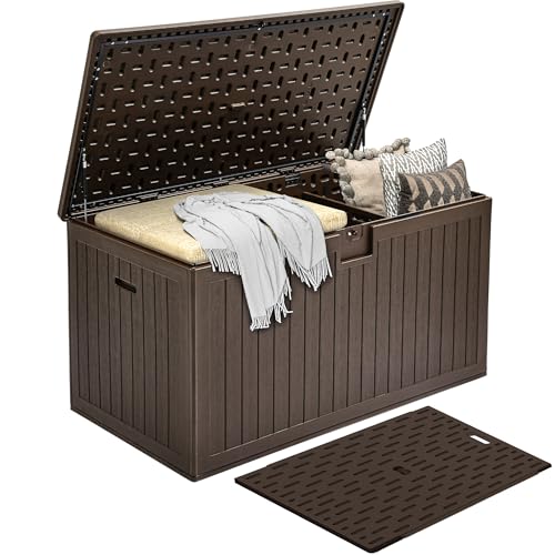 DWVO 260 Gallon Double-Wall Deck Box with Divider, XXL Extra Large Resin Outdoor Storage Box, Lockable & Waterproof, Double as Seating, 1000lbs Capacity (Brown) - color: Brown, size: 230 Gallon