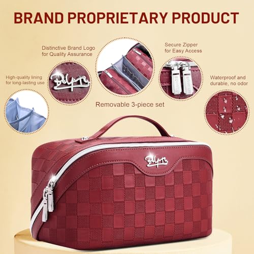 BOYATU Travel Makeup Bag Organizer: 3 Pcs Set Large Capacity Cosmetic Bags Holds 10–20 100ml Full-Size Bottles - 180°Open-Flat Make up Case 3-sec touch-up - Toiletry Bag Gift women (03-A-Red) - color: 01-F-Red
