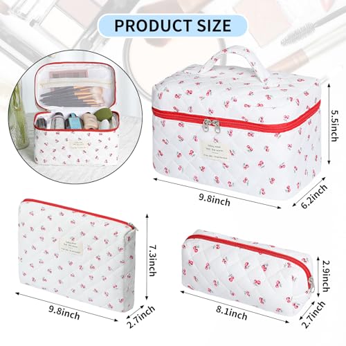 senbowe Floral Makeup Bag, 3 Pack Large Cotton Quilted Makeup Bag Set, Cute Floral Coquette Aesthetic Toiletry Bag Make Up Cosmetic Bag for Women, Toiletry Travel Make Up Organizer Bag - color: Red Cherry