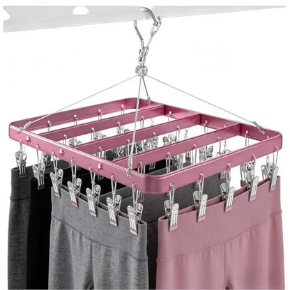 Pants Hangers Clothes Drying Racks Clip Hangers Metal with 36 Clips Windproof Underwear Hanger Foldable Laundry Clip for Jeans Yoga Leggings Trousers Socks Bras (Pink) - color: Pink