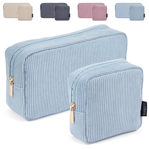 MAGEFY Small Makeup Bag for Purse Mini Cosmetics Bag Corduroy Cute Cosmetic Pouch for Women with Slip-in Pockets - color: Small+Large-Blue-2pcs