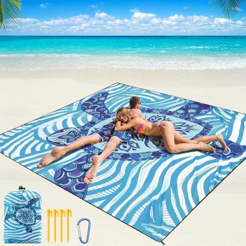 WIWIGO Beach Blanket Waterproof Sandproof Beach Mat 79" X 83"/10'x9'for 2-8 Adults Quick Drying Outdoor Picnic Mat Beach Accessories for Travel, Camping, Hiking - color: Blue Sea Turtle - Line Base, size: 79" X 83"（1-4person）