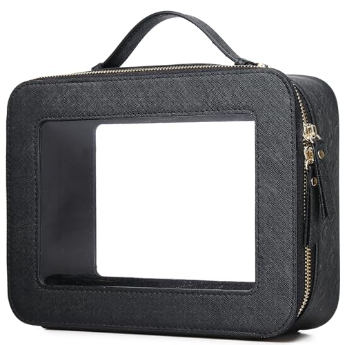 Pinkmik Clear Makeup Bag for Women Waterproof Travel Cosmetics and Toiletries Case Portable Makeup Oaganizer Bag Clear Car Bag with Zipper (Black, L) - color: Black, size: Large