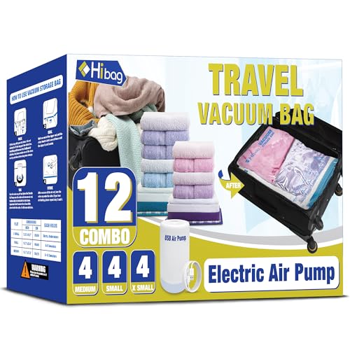 HIBAG Travel Vacuum Bags with Electric Pump for Luggage and Suitcase, Vacuum Seal Compression Packing Bags for Clothes Clothing, Combo 12 Pack - size: 12T-EPUMP