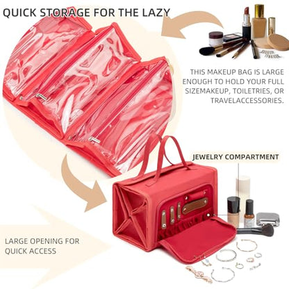 ROYALFAIR Roll Up Makeup Bag, Travel Toiletry Bag for Women with 4 Clear TSA Approved Pouches, Hanging Travel Organizer, Folding Cosmetic Bag for Men and Women (Red) - color: Red
