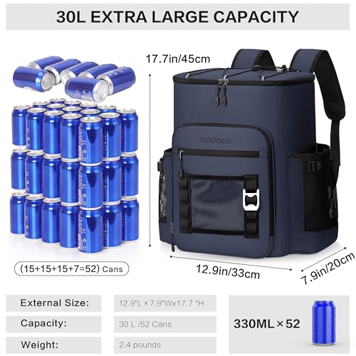 Hulongo Cooler Backpack, 30L Insulated Leakproof Soft Cooler Bag for 52 Cans, Lightweight Backpack for Beach, Picnic, Camping, Hiking, Fishing and Travel - color: Dark Blue
